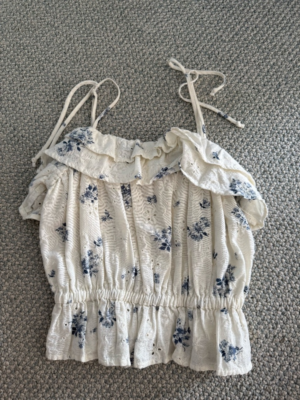 White Blue Floral Eyelet Ruffle Crop Top